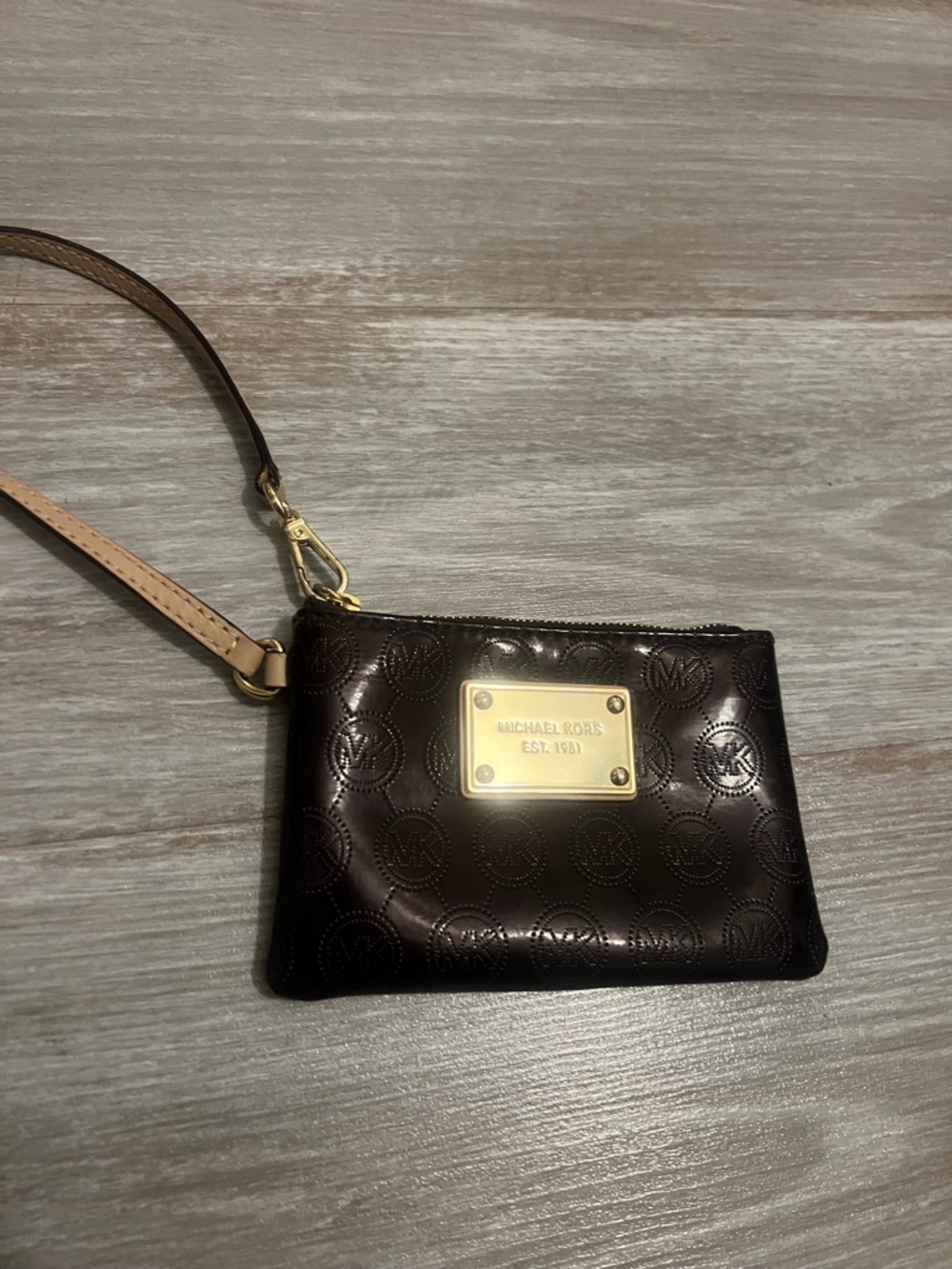 Michael Kors Dark Brown Embossed Logo Wristlet with Gold Plaque